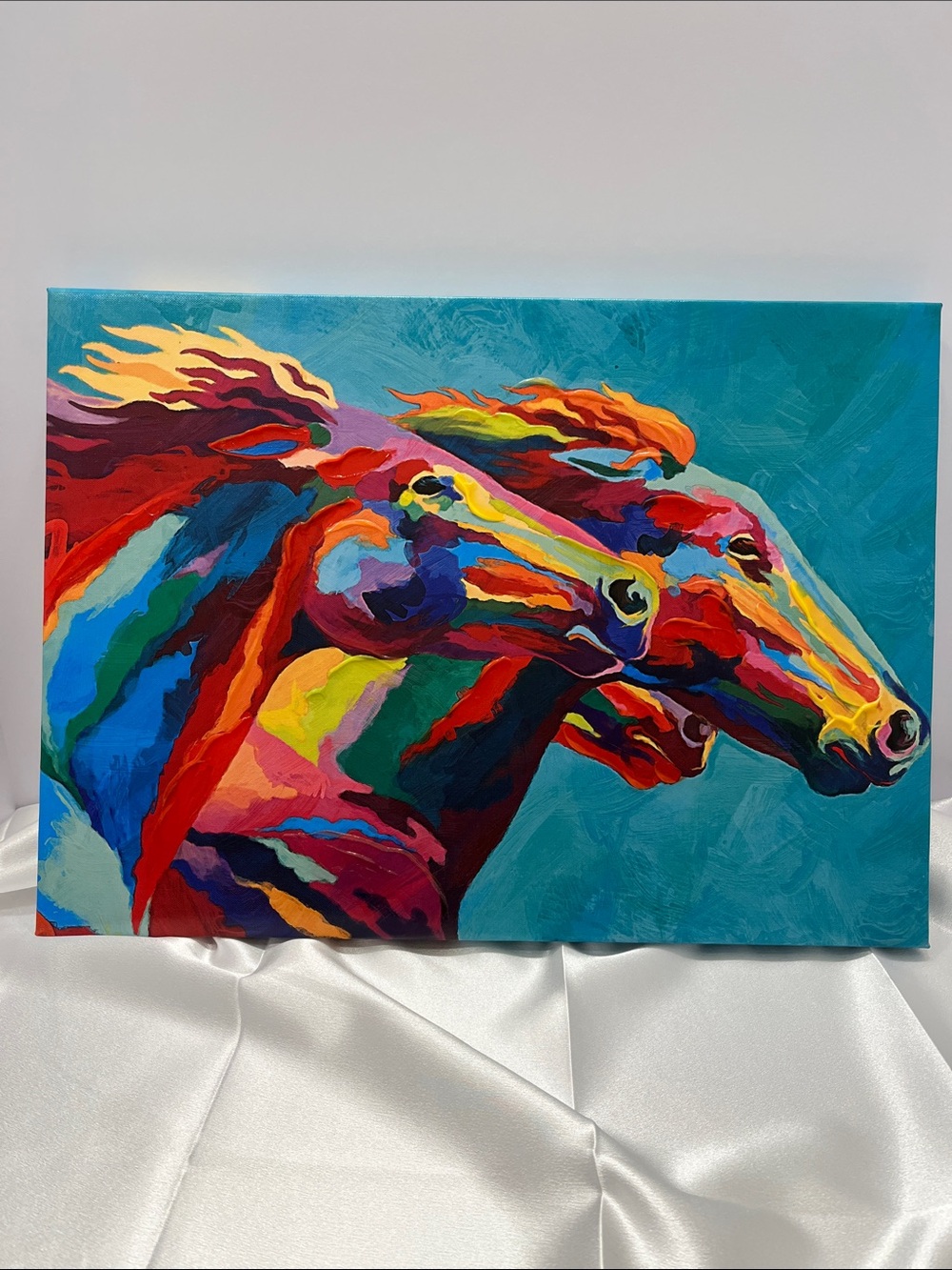 Vibrant Multi-Color Galloping Horses on Canvas (Size: 18 X 13)